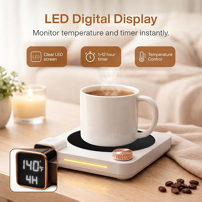 Coffee Mug Warmer for Desk, 40W Electric Cup Warmer with Digital Display, 9 Temp Settings, 1–12H Timer & Auto On/Off, LED Display Candle & Beverage Warmer Plate.