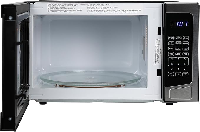 West Bend Microwave Oven 1000-Watts Compact with 6 Pre-Set Cooking Settings, Time and Weight Defrost, Electronic Control Panel and Glass Turntable, 1.1 Cu.Ft., Stainless Steel