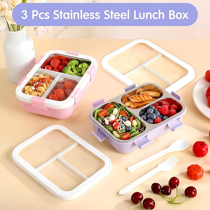 LemonRoad 2 Pcs 304 Stainless Steel Bento Box 24 oz Metal Lunch Box with Spoon Fork 3 Compartment Transparent Lid Dishwasher Safe Leakproof Food Fruit Snack Container for Office Travel (Pastel)