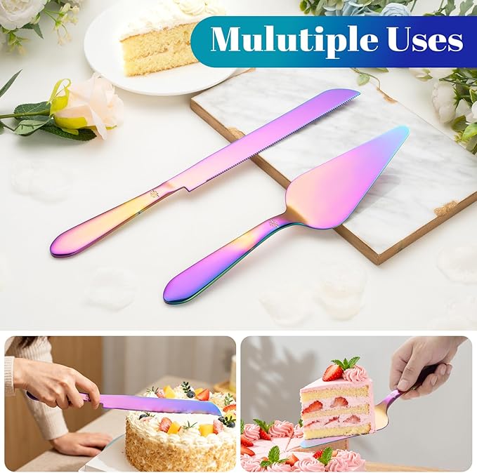 Eisinly Cake Cutting Set for Wedding, Elegant Cake Knife and Server Set with Thickened Stainless Steel Rounded Edges, Cake Cutter and Pie Spatula for Birthday Anniversary, 2 Pcs, Multipurple
