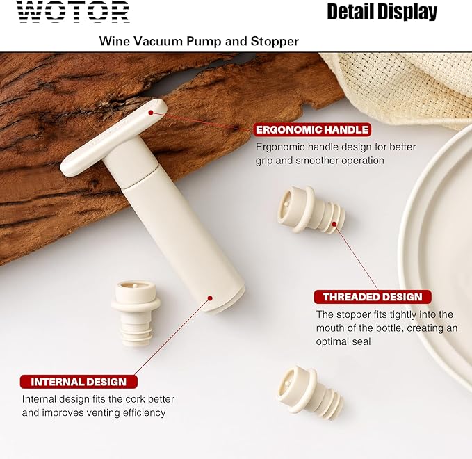 WOTOR Wine Saver Vacuum Pump with 8 Stoppers, Wine Stopper & Preserver, Reusable Bottle Sealer Keeps Fresh, Ideal Accessories Gift, Flat Handle (Cream)