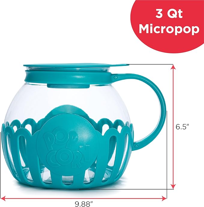 Ecolution Patented Micro-Pop Microwave Popcorn Popper with Temperature Safe Glass, 3-in-1 Lid Measures Kernels and Melts Butter, Made Without BPA, Dishwasher Safe, 3-Quart, Teal