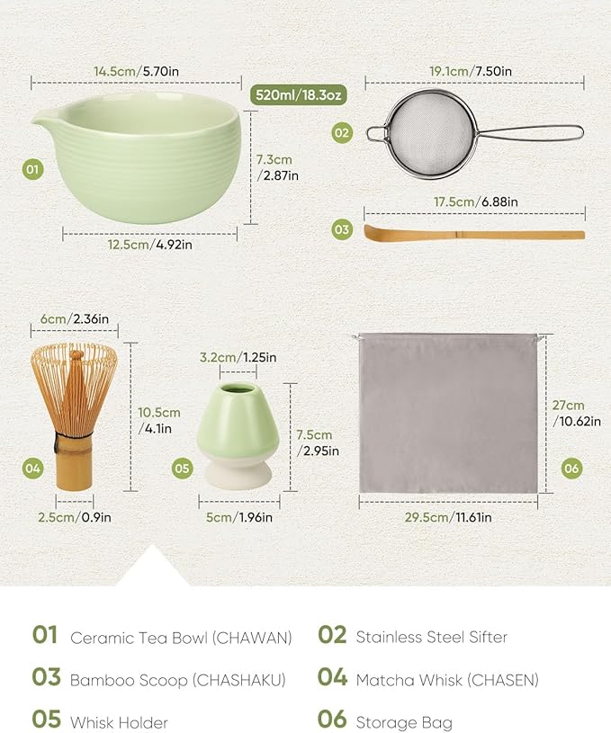 Matcha Whisk Set Kit, 5-PC Ceramic Matcha Bowl with Spout & Holder, Bamboo Whisk, Sifter, Scoop, Traditional Japanese Matcha Tea Making Tools, Complete Gift Set