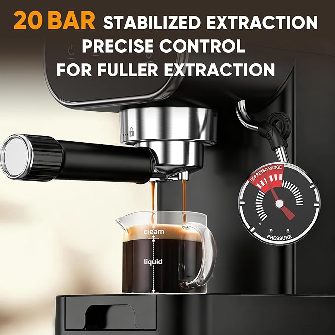 Horavie Espresso Machine 20 Bar, Home Espresso Maker with Touchscreen & Steam Milk Frother, Fast Heat-Up Coffee Machine with 48oz Removable Tank for Cappuccino, Latte, Americano, Black