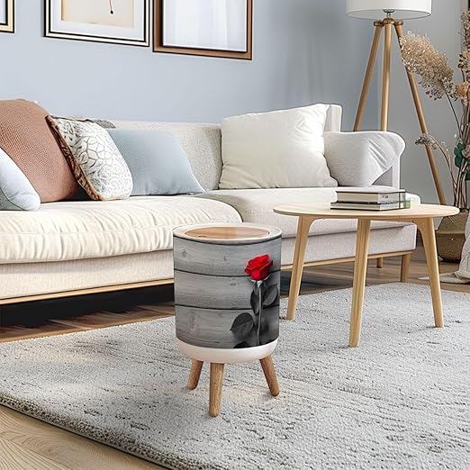 Trash Can with Lid Red Rose Black White Press Top Round Small Garbage Bin with Wooden Legs Waste Basket for Kitchen Bedroom Nursery 7L/1.8 Gallon