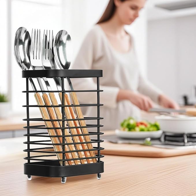 Utensil Holder, Stainless Steel Utensil Drying Rack for Kitchen Counter, Silverware Cutlery Flatware Holder Forks, Knives, Spoons, Chopsticks Organizer (Black)