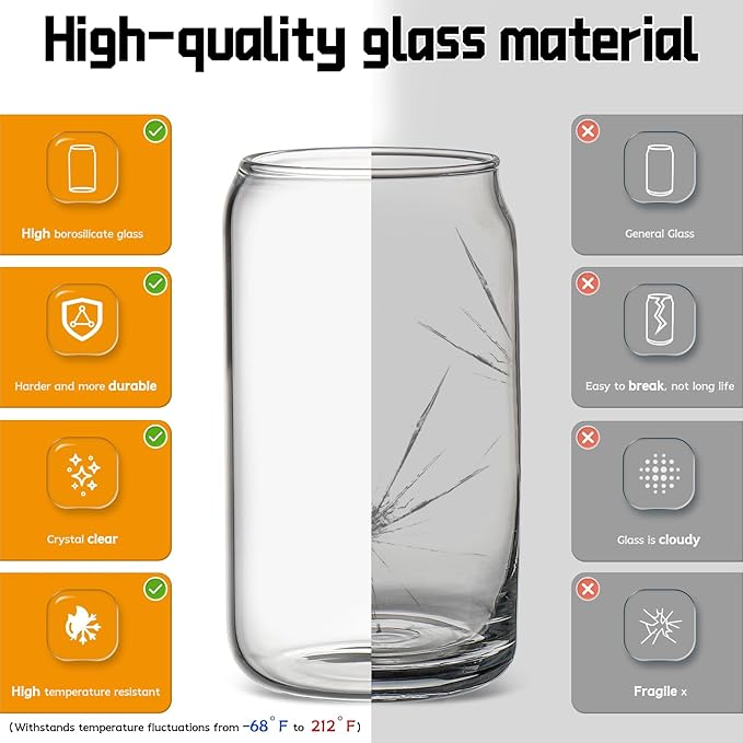 Glass Cups with Lids and Straws 6 pcs, 16 oz-DWTS Cute Tumbler,Beer Drinking Glasses,Clear for Iced Coffee, Tea with Bamboo Lids for Gifts