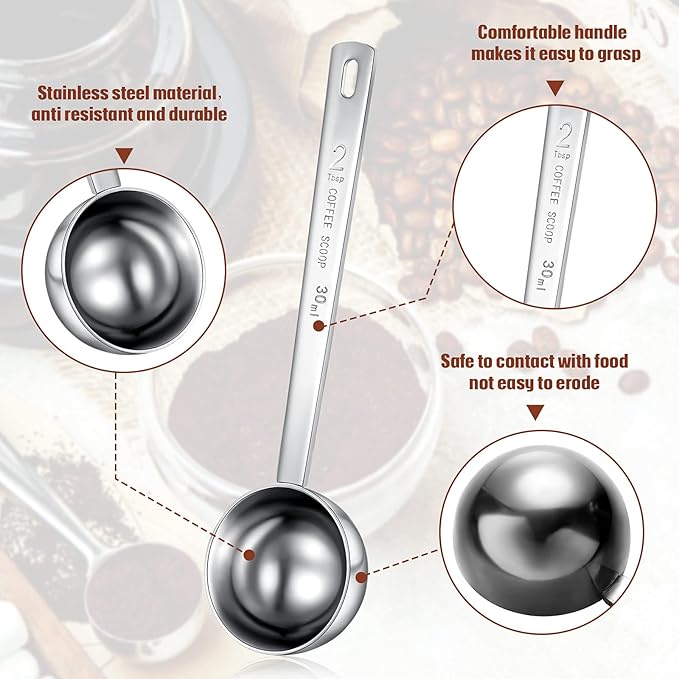 Geiserailie 4 Pcs 2 Tablespoon Scoops with Long Handle, 30 ml Stainless Steel Measuring Spoon for Coffee Milk Fruit Powder, Loose Tea Dry, Spice Jar, Cooking Baking, and Other Dry Goods