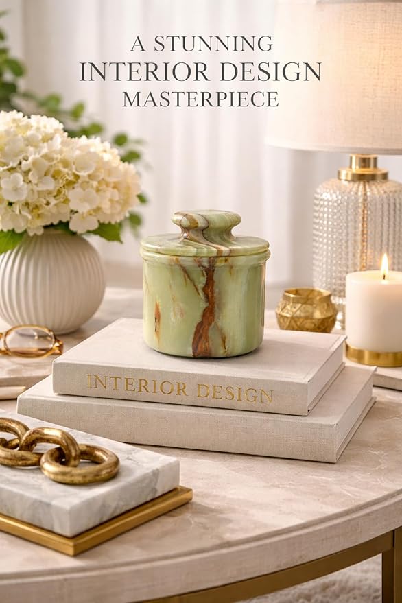 Green Onyx Butter Keeper - Round Marble Butter Dish for Countertop, 4" x 3.5" Butter Crock, Natural Green Onyx Kitchen Decor, Handle With Care