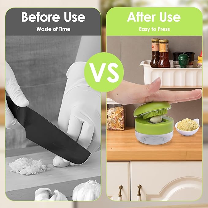 2 Pcs Garlic Press Set, Stainless Steel Garlics Crusher with Silicone Peeler and Cleaner Brush, Easy to Use Garlic Chopper for Shredded Garlic, Ginger and Fruit