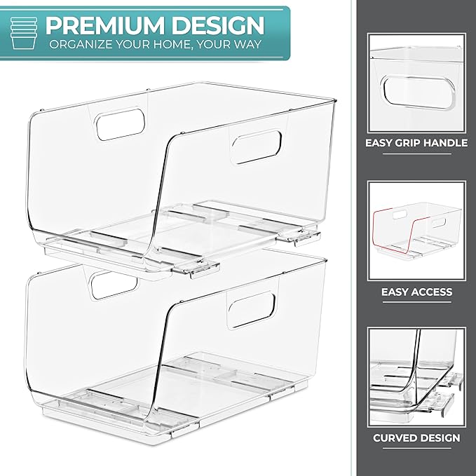 Sorbus Stackable Storage Bins Open Front - Clear Stackable Storage Bins - Pantry Bins for Storage and Organization - Acrylic Stackable Bins for Kitchen - Clear Pantry Organizer Bins (Medium 4 Pack)