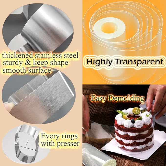 DATANYA 9Pack 3.15‘’ Cake Ring Molds with 3 Inch Cake Collars, Stainless Steel Food Rings Round & Square Cooking Ring Molds with Pressers, Transparent Acetate Sheet Cake Rolls for Baking Pastry