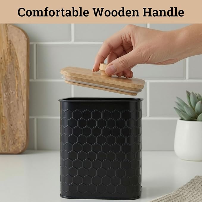 Kitchen Canisters for Countertop Set of 4 - Textured Iron Kitchen Canisters with Airtight Lids - Flour Sugar Canister Set - Flour and Sugar Containers Farmhouse - Coffee Jar for Counter - Black Jar x4