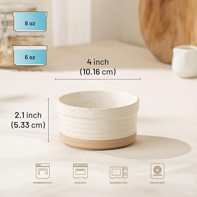 DAFUCERAMIC Ramekins 8 oz Oven Safe, Porcelain Creme Brulee Ramekins Pudding Custard Cups Small Ceramic Souffle Dishes Baking Bowls Set of 4 (Arctic White)