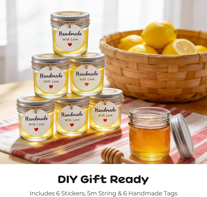 6 Pack Mini Mason Jars 2 oz Glass Jars with Lids, Small Glass Jars for Jam Ginger Shots Honey Spices Wedding Favors, Includes Labels, String & Handmade Tags