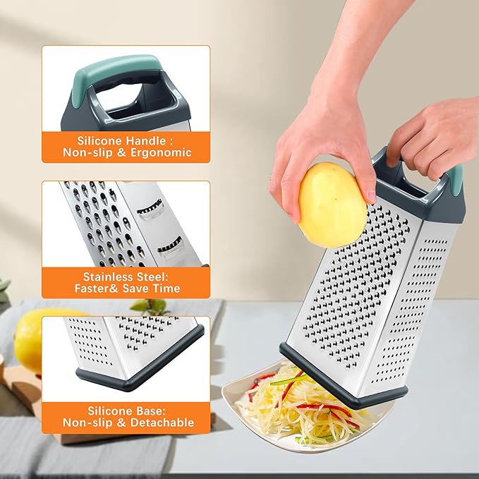 Box Grater, Stainless Steel Cheese Graters for Kitchen, 4 Sided Food Grater with Handle, Cheese Slicer for Food Vegetables Potatoes Carrot