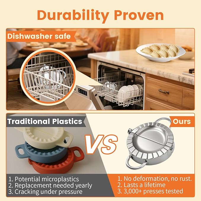3-in-1 Stainless Steel Dumpling Maker Set - Professional Dumpling Press & Empanada Mold with Dough Cutters (3", 3.4", 3.8") | Includes Stuffing Scoop | Dishwasher Safe