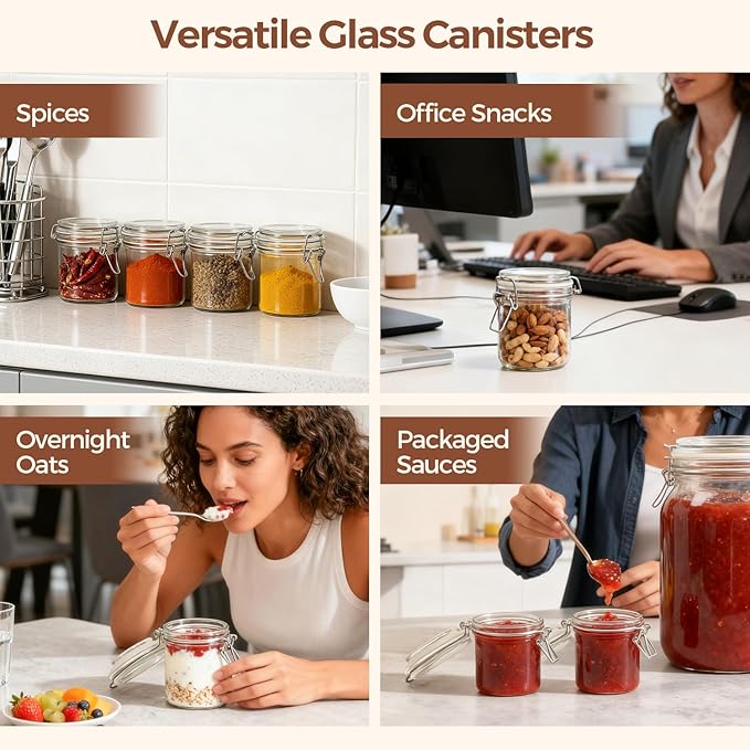 ComSaf 8oz Glass Jars with Airtight Lids (Set of 6), Cylindrical Jelly & Spice Jars for Pantry Organization, 240ml Small Canisters with Wire Clamp for Sourdough Discard, Jam, Honey & More