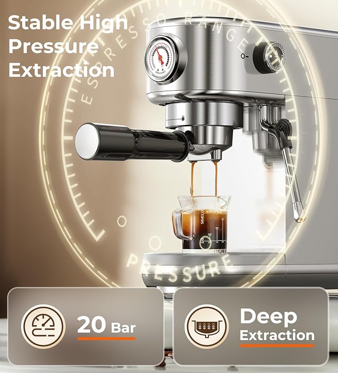 atatix Espresso Machine with Milk Frother, 20 Bar Pressure Espresso Maker, with 44OZ Removable Tank, Compact Stainless Steel Coffee Machine for Home, Office, Latte, Cappuccino, Macchiato, Silver