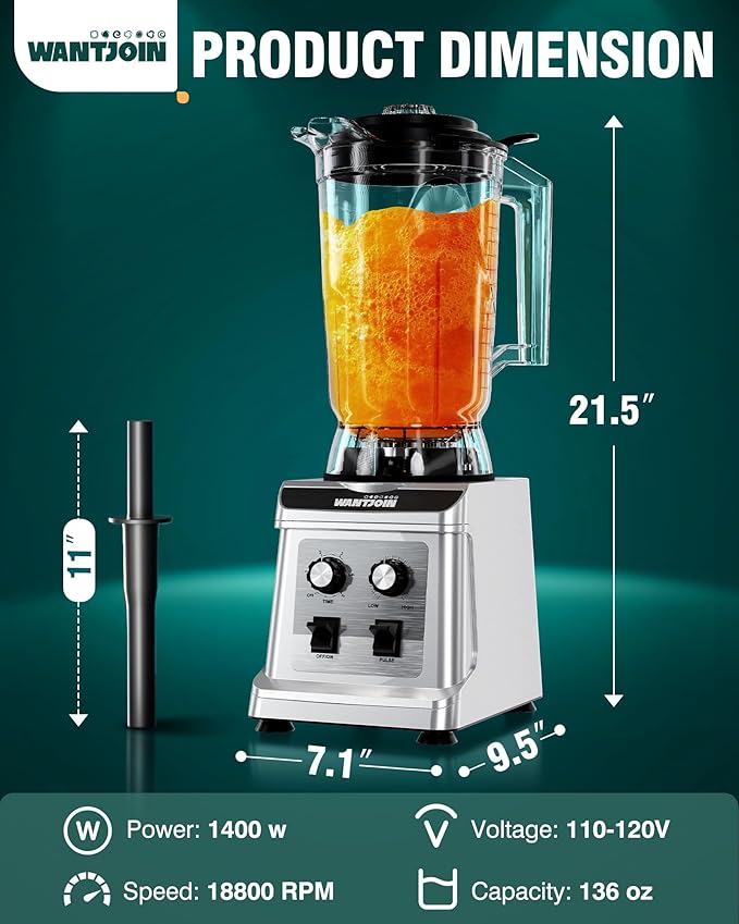 WantJoin 136oz Commercial Blender – Heavy Duty 18800 RPM Professional Blender with Pure Copper Motor, Multi-Speed, Dishwasher Safe for Smoothies & Juices