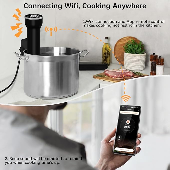 CATTLEMAN Sous Vide Machine Wi-Fi, 1000W, IPX7 Waterproof, Sous Vide Cooker, Immersion Circulator, Suvee Cooker Kit with 30 Vacuum Bags, Vacuum Pump, Cookbook, Accurate Temperature&Timer