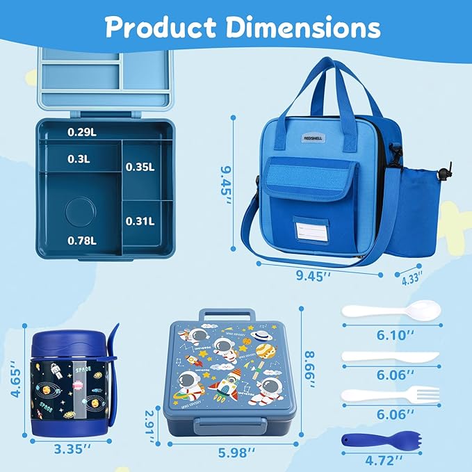 REDSHELL Bento Lunch Box for Kids Set, Leakproof Food Jar Pail with Insulated Bag, Toddler Snack Container Lunchbag Boys Daycare, Back to School Lunchbox Kit, Includes Bottle Holder Strap, Dark Blue