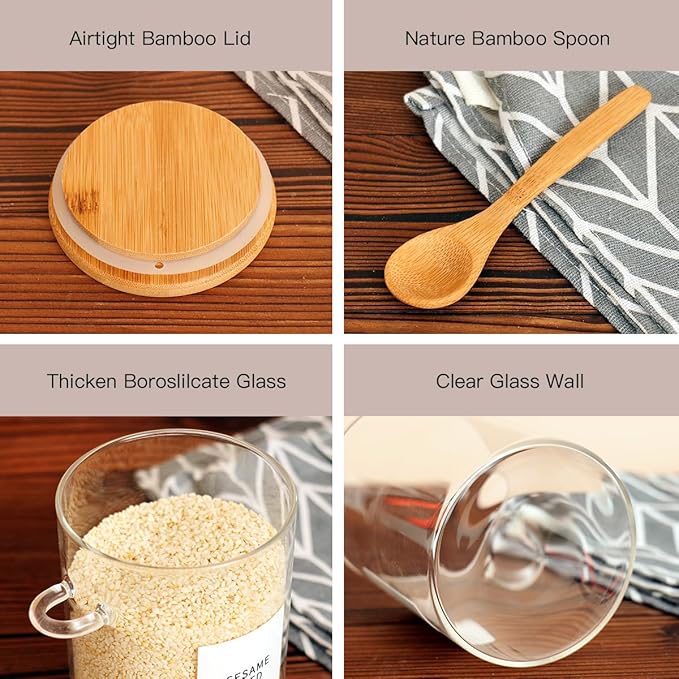 HHMJSM 6 Pcs Glass Jar with Bamboo Lid and Spoon - 17 oz Large Sugar Container with 148 Kitchen Pantry Spice Jar Labels Preprinted - Glass Containers with Wooden Lids Hold Coffee, Tea, Candy