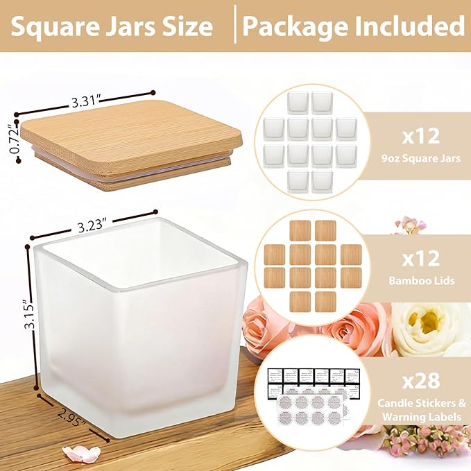 CONNOO 12 Pack 9 OZ Frosted Square Candle Jars for Making Candles, Thick Glass Bulk Empty Candle Containers with Airtight Bamboo Lids for Candle Making, Sticky Warning Labels - Dishwasher Safe