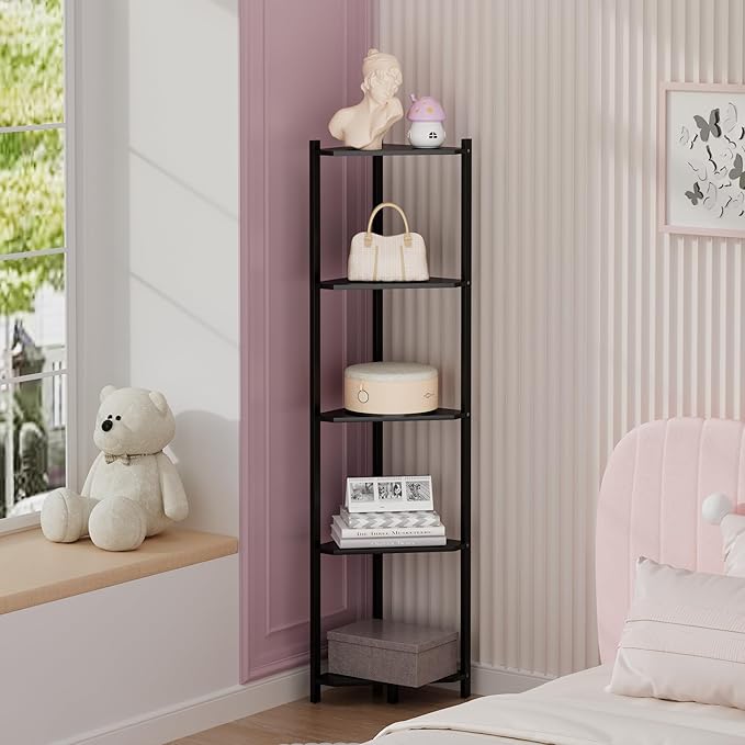 Wisuce Corner Shelf, 100% Real Bamboo Shower Corner Shelves Free Standing Shelf Storage Organizer for Bathroom Living Room Kitchen (Black, 5 Tier)