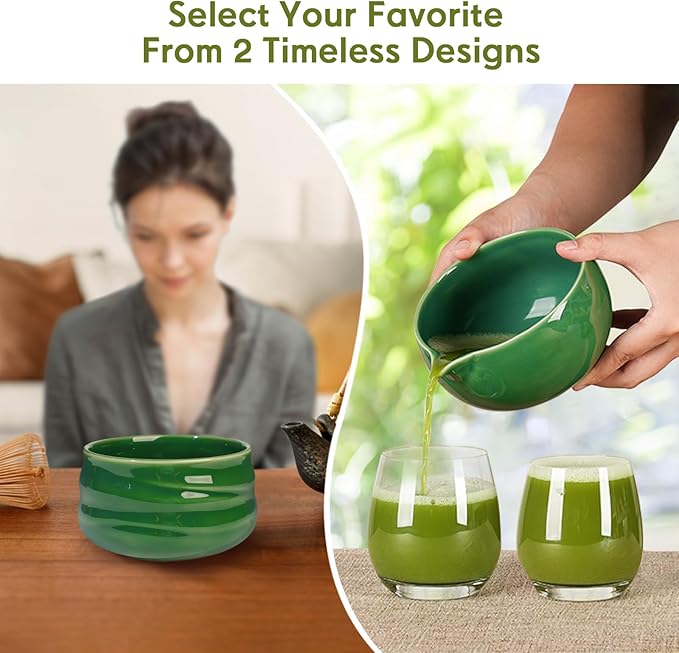 Matcha Whisk Set – Ceramic Matcha Set with Matcha Bowl, Matcha Whisk & Holder, Bamboo Scoop, Tea Towel – 5-Piece Japanese Matcha Kit for Matcha Lovers, Beginners & Gifting (Green, 20oz)