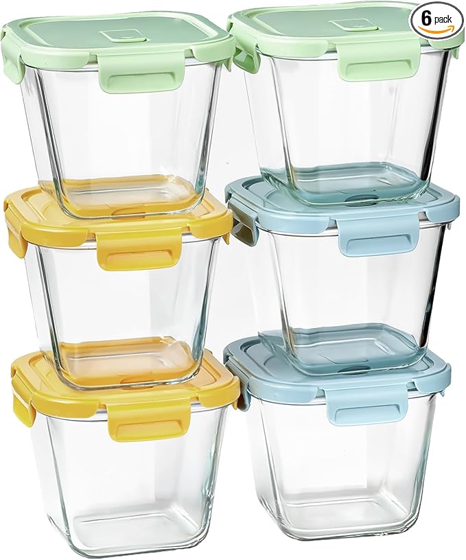 Glass Soup Containers with Lids 32oz - Borosilicate Glass Storage Containers 4 Cup, Freezer to Microwave Safe, Airtight Leak Proof, Square Meal Prep Containers for Lunch Travel- 6 Pack
