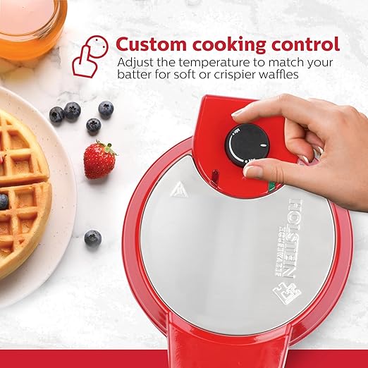 Holstein Housewares 7" Belgian Waffle Maker, Non-Stick Coating, Red/Stainless Steel, Delicious Waffles in Minutes for Everyday Meals. 7 Inch