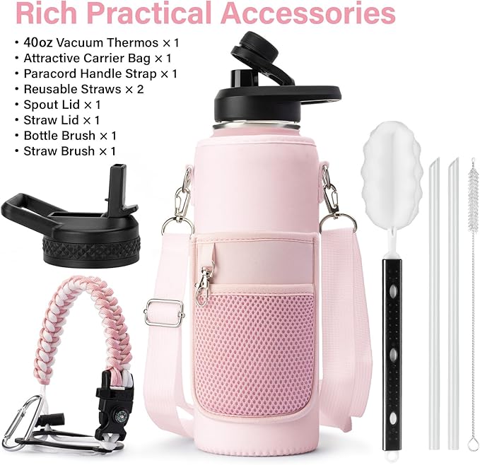 DYSANKY Insulated Water Bottle | Thickened Stainless Steel Vacuum Metal | Portable Sports Water Jug for Gym and Hiking with Straw, Carrier Bag, Handle Strap | BPA-Free 40 oz, Pink
