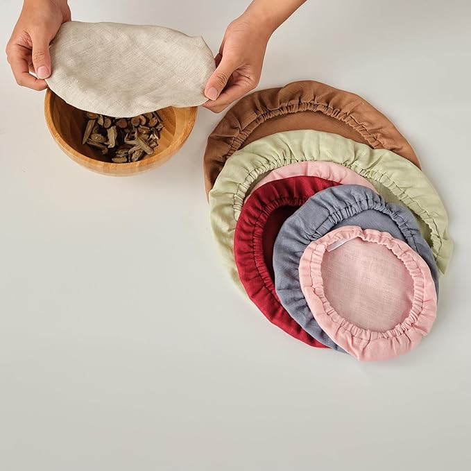 100% Pure Linen Bowl Covers For Bread Proofing, 4 Pcs Elastic Reusable Solid Color Cloth Fabric Bowl Covers,XL Organic Washable Large Stretch Sourdough Lids 6 * 8 * 10 * 12 Inches, Pink