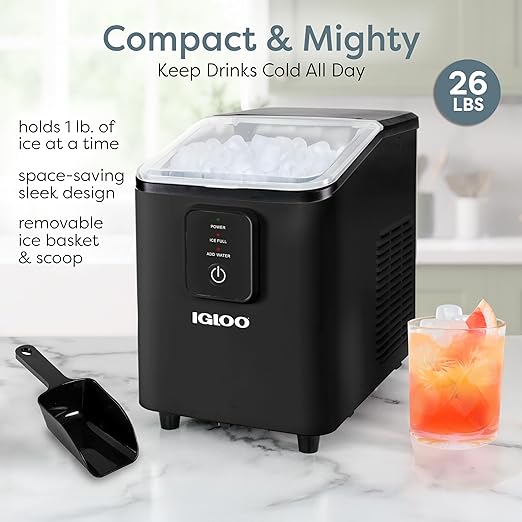 Igloo Portable Ice Maker with Scoop & Basket- Ice Maker with LED Control Panel & 1.5 Quart Water Tank-Ice Cube Maker Produces 26 Lbs. of Ice in 24 Hours With 8 Large or Small Cubes In 7 Minutes- Black