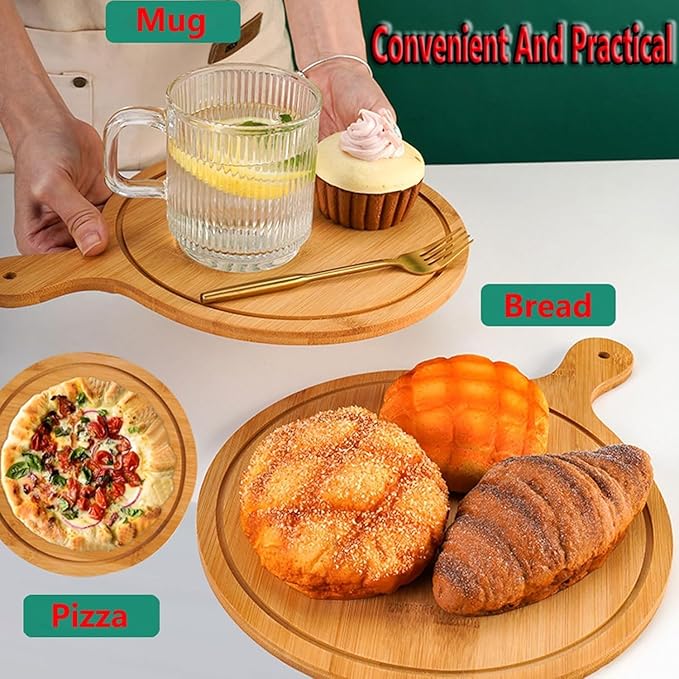6 Pack Pizza Board Set – Premium Wooden Pizza Plates for Serving & Cutting, Round Bamboo Pizza Plate with Handle, Durable & Lightweight for Home & Restaurant (Up to 13 Inches),11inch