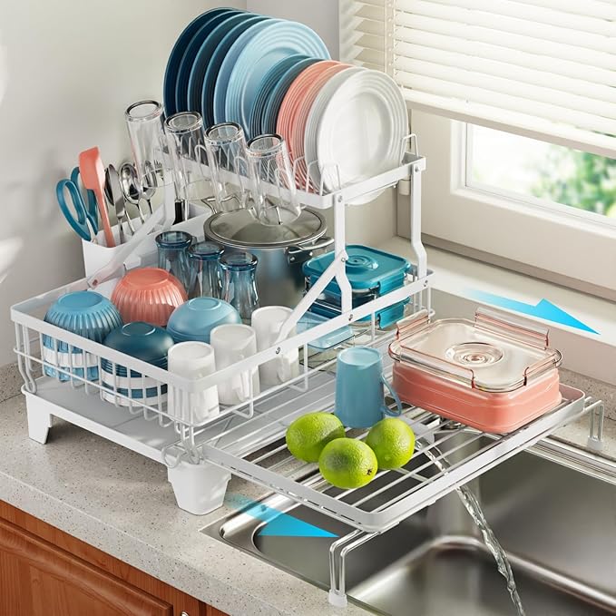iSPECLE 2 Tier Dish Drying Rack for Kitchen Counter, Expandable Large Dish Drainer with Drainboard Set, Rust Resistant Dish Rack with Utensil & Cup Holder, 16.9" W x 14.4"-22.4" L, White