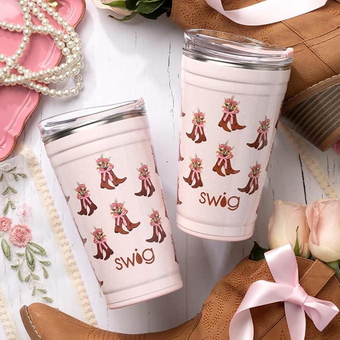 Swig Life 24oz Party Cup, Stackable Insulated Travel Coffee Tumbler with EZ Slider Lid, Cup Holder Friendly, Stainless Steel 24 oz Tumbler, Reusable Coffee Mug (Cowgirl Coquette)