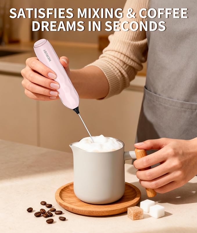 MEIRUBY 2-Pack Milk Frother Handheld with Stand, Valentines Day Gifts for Him and Her, Powerful Electric Coffee Frother, Coffee Lover Gift for Lattes, Cappuccino, Matcha & Hot Chocolate, White/Pink