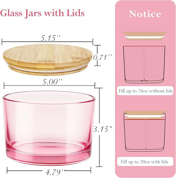 CONNOO 24oz Pink Thick Glass Candle Jars 6 Pack, Multi-Wick Wide Mouth Empty Bulk Candle Containers for Making Candles with Airtight Bamboo Lids, Sticky Warning Labels, Wick kit- Dishwasher Safe