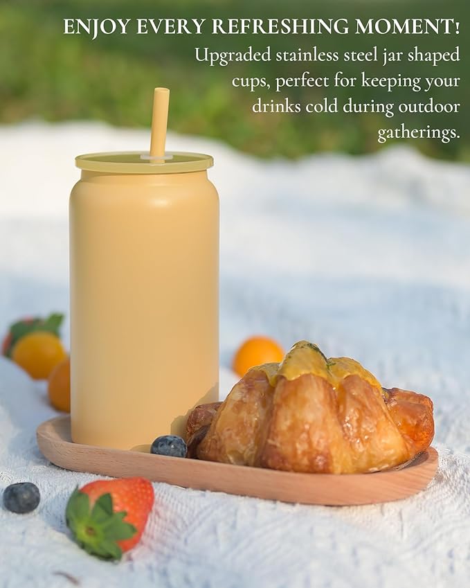 16oz Glass Cups With Lids and Straws, Stainless Steel Beer and Iced Coffee Cup, Smoothie Drinking Cup, Yellow (Textured Matte Finish, Not Sublimatable)
