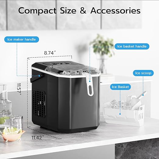 ZAFRO Countertop Ice Maker, 26Lbs/24H, 9 Bullet Cubes in 6 Mins, Self-Cleaning Portable Ice Machine with 2 Ice Sizes (S/L), Quiet Compact Design, Double Handles, for Home, Party, RV, Camping, Black
