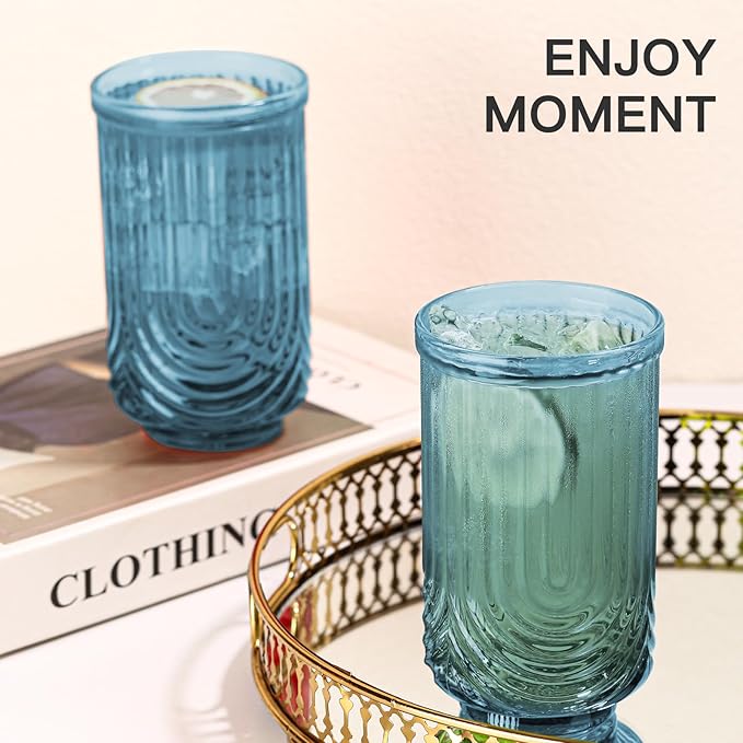 JOVGANK Blue Vintage Glassware Set of 6-17Oz Blue Water Drinking Glass, Art Deco Ripple Highball Glass, Whiskey Cocktail Glasses, for Bar Ice Coffee Juice, Housewarming Gifts and Mother's Day Gift