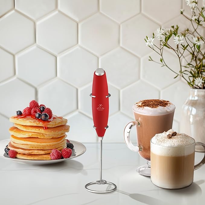 Zulay Kitchen Powerful Milk Frother Wand With 4 AA Duracell Batteries - Ultra Fast Handheld Drink Mixer - Electric Whisk Foam Maker for Coffee, Lattes, Cappuccino, Matcha & Creamer - Cardinal Red