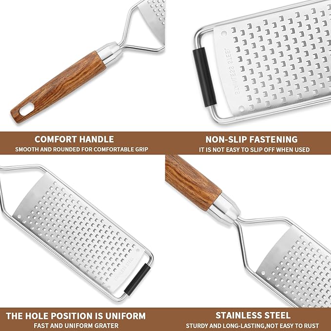 Professional Cheese Grater Stainless Steel,Multi-Purpose Grater With Wood Handle for Cheese, Ginger, Lemon, Garlic, Nutmeg,Fruits,Chocolate & Spices-Wideboard (Grinding)