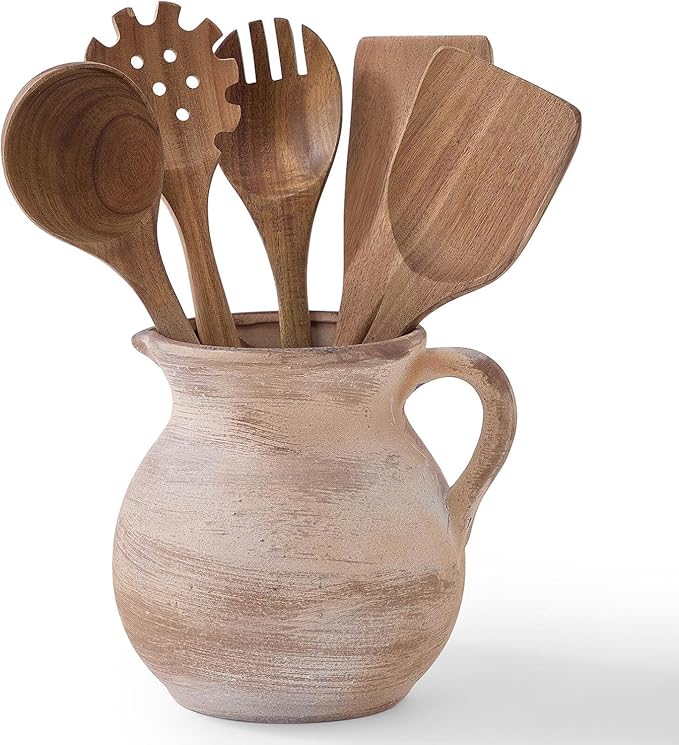 MIYUKI Rustic Kitchen Utensil Holder - 7.6 Inch Ceramic Utensil Crock for Countertop, Vintage Kitchen Counter Decor