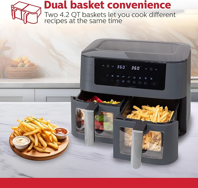 Holstein Housewares 8.4QT Dual Basket Digital Air Fryer with viewing window and led display with 7 preset options. Fry, bake, grill, dehydrate, and roast healthier recipes. Dishwasher Safe