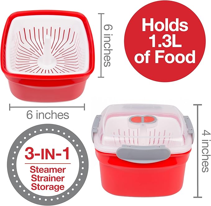 3pc Microwave Cookware Vegetable Steamers (2 pack)- Reusable Meal Prep Food Containers, Store Leftovers-Removable Strainer & Locking Steam Vent Lid- BPA Free, Fridge and Freezer Safe | 1.3 Liters