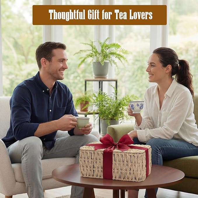Sieral Tea Bag Organizer/Sugar Packet Holder with Lid 8 Compartment Paper Rope Woven Tea Storage Box for Chest Coffee Pill Condiment Organizer Wicker Divider Container for Countertop Drawer Shelf