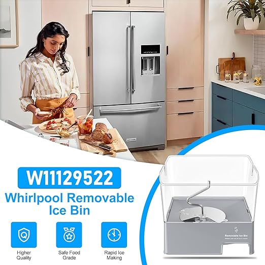 Upgraded W11129522 Refrigerator Ice Bucket Compatible with KitchenAid Ice Maker Replacement W10564750 Whirlpool Removable Ice Bin KRFF707ESS01 KRMF706ESS01 Kitchenaid Ice Bucket Ice Container Ice Tray